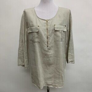 Ellen Tracy Top Women's Large Beige Khaki 100% Linen